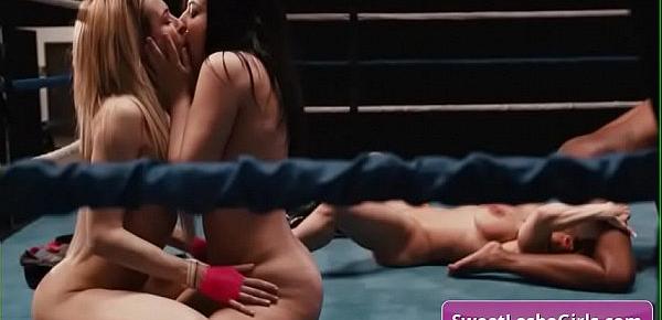  Four horny wrestling lesbians Aiden Ashley, Ana Foxxx, Whitney Wright, Brandi Mae make out in the ring and reach strong orgasms